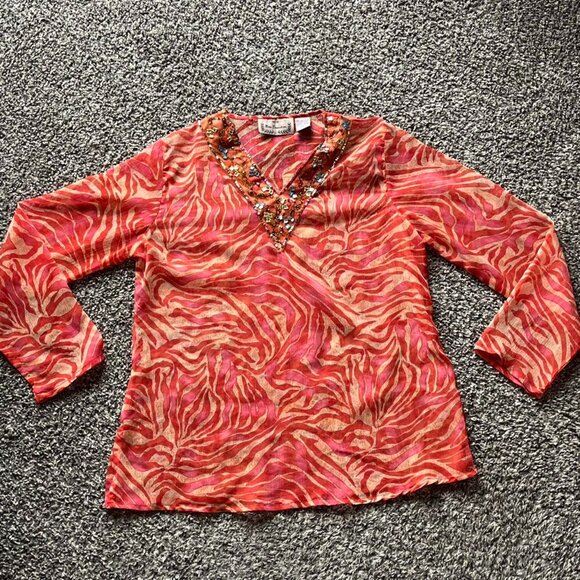new directions Tops - Vintage New Direction Orange Zebra Print Wmn SM Beaded Top Festival Boho Safari